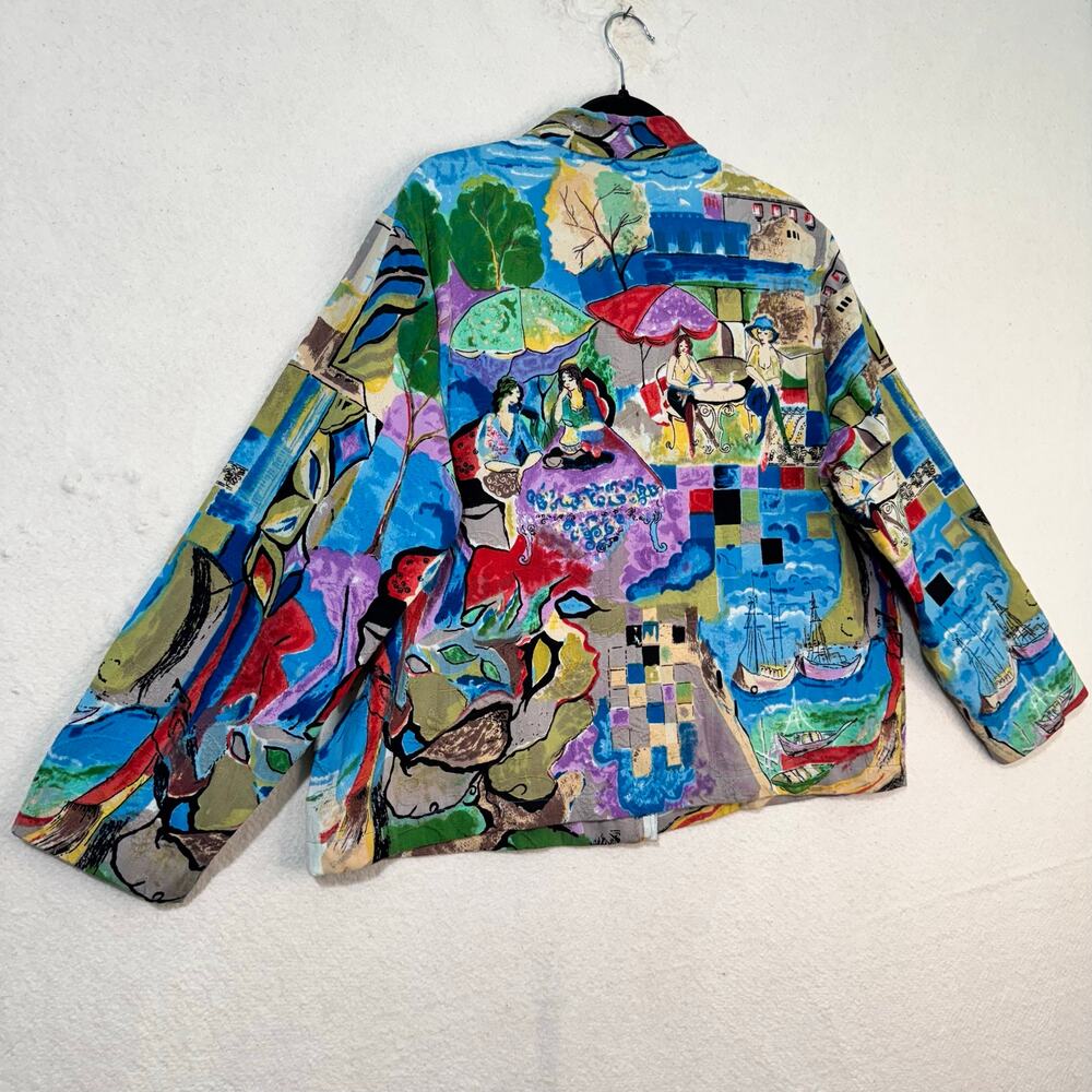 Keren Hart Jacket Vibrant Colorful Scenic Picasso Cafe Art Cotton Blazer Size XL - Picture 8 of 9